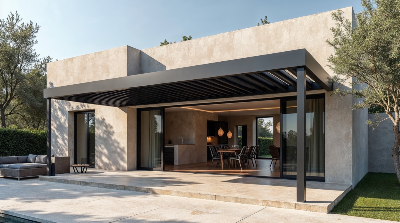 Pérgola bioclimática en una terraza mediterránea